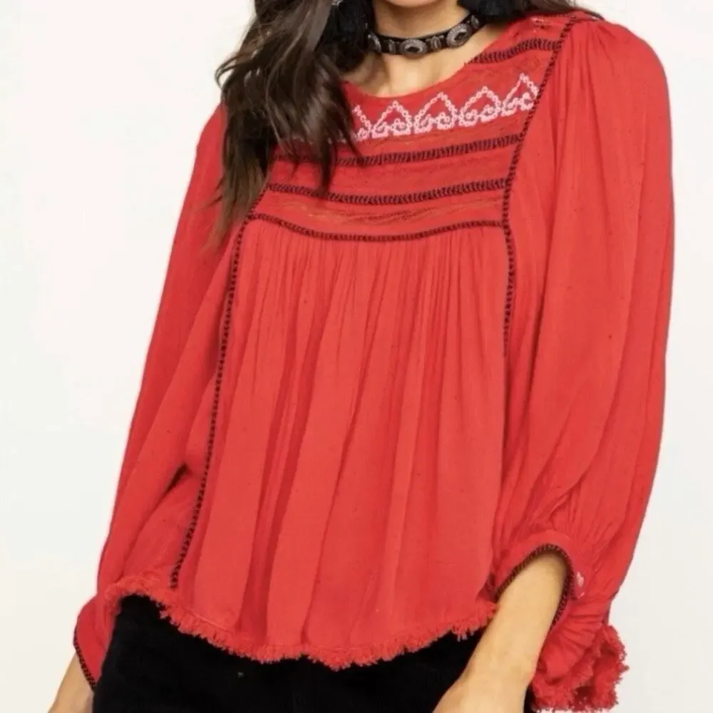Free People Cyprus Avenue Embroidery Red Boho Long Sleeve Top Sz Large